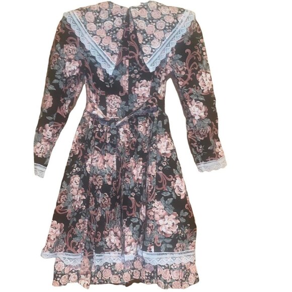 Vtg 1980s Jessica McClintock Gunne Sax Girls Black Floral Prairie Dress Size 10 - Picture 3 of 6